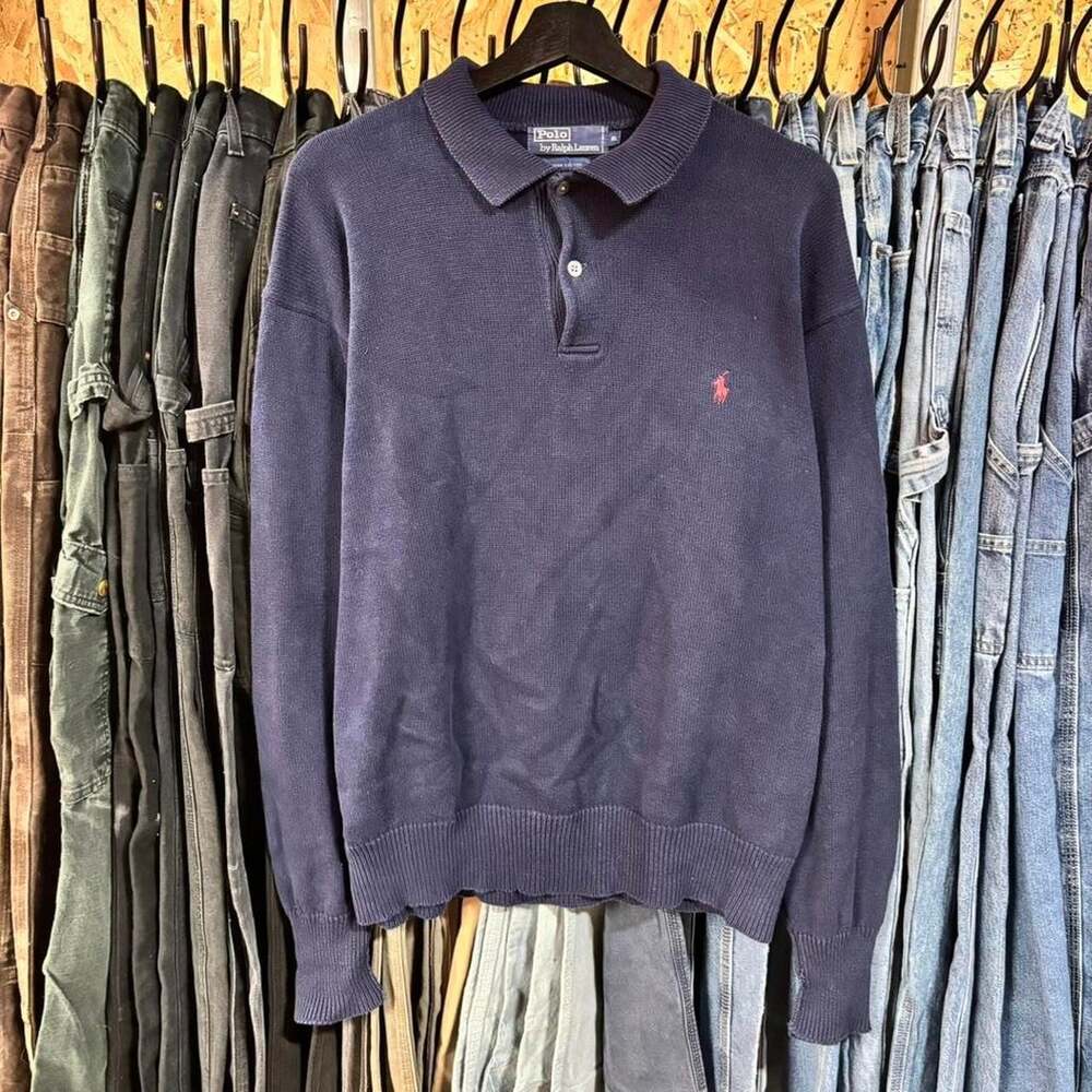 Vintage 90s Polo Ralph Lauren Knit Rugby Sweater Navy Blue Size XL
